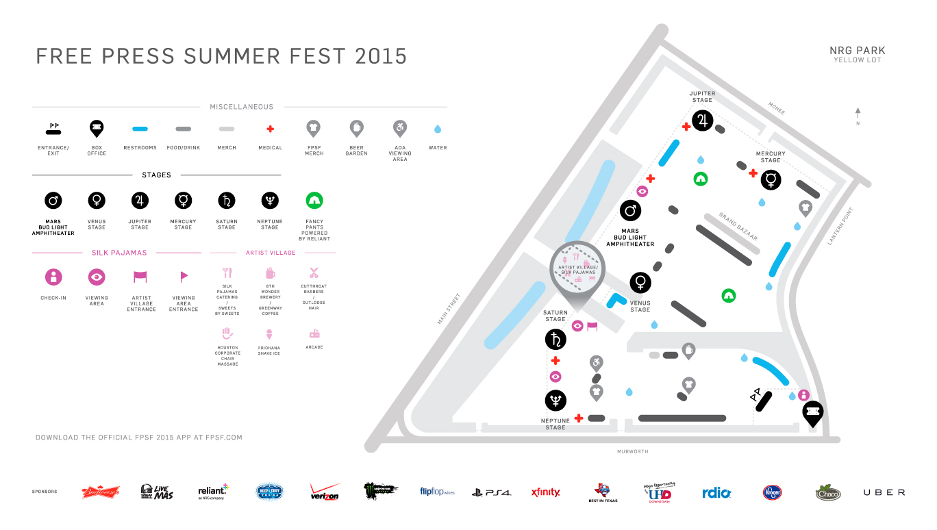 Free Press Summer Fest 2015 — 2015 pre-relocation planning map, Eleanor Tinsley Park, as published on the festival site.
