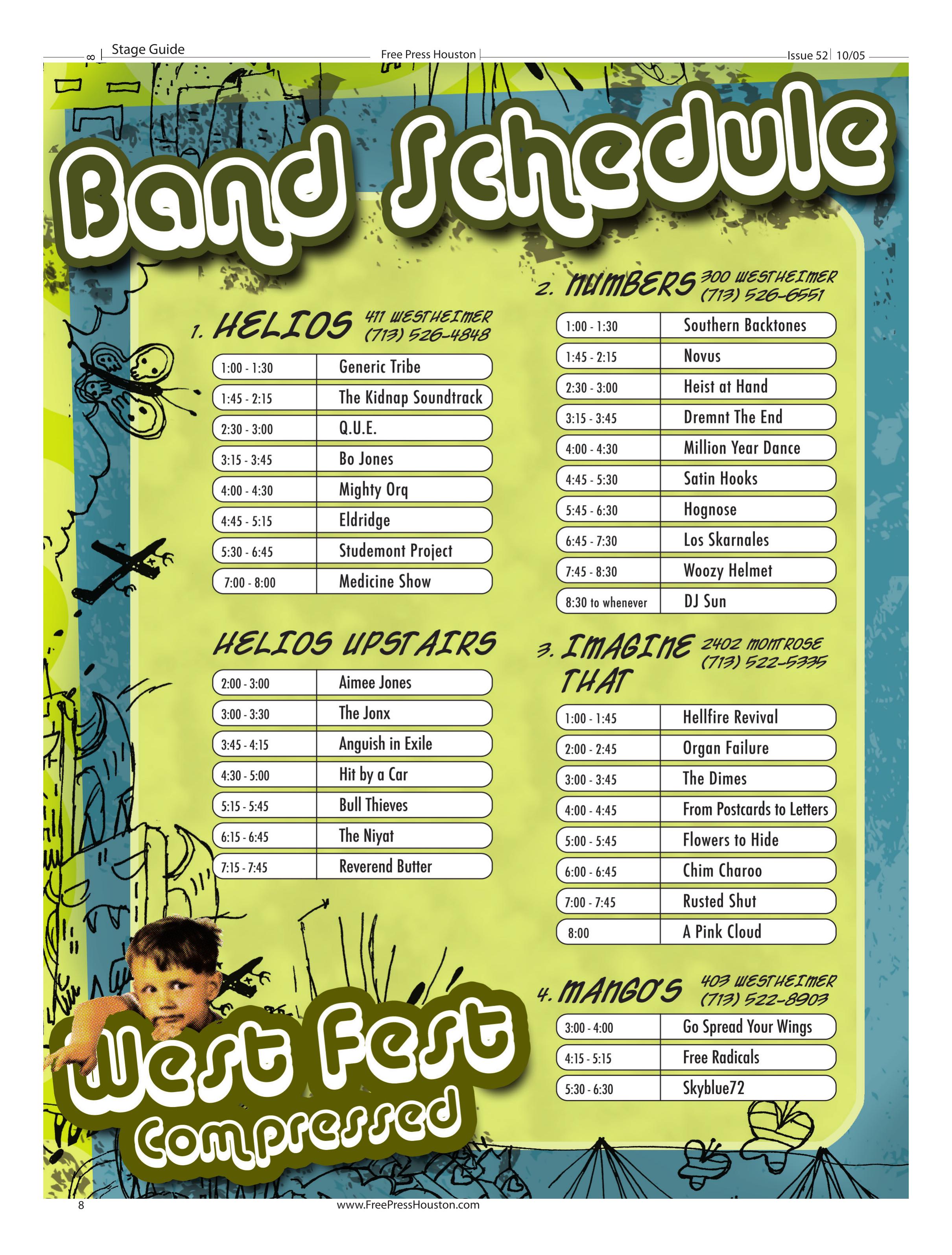 Westheimer Block Party, 2005 — “West Fest Compressed” — Band Schedule, page 8 of Free Press Houston Issue 52, October 2005, printing thirty-six sets with times across Helios (411 Westheimer), Helios Upstairs, Numbers (300 Westheimer), Imagine That (2402 Montrose) and Mango's (403 Westheimer), under the printed title “West Fest Compressed”.