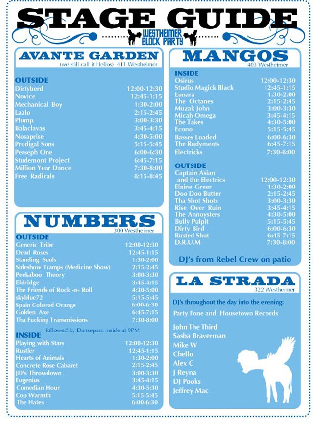 Westheimer Block Party, fall 2007 — Stage guide for the October 13, 2007 Block Party, printing set times for Avante Garden, Numbers, Mangos and La Strada.