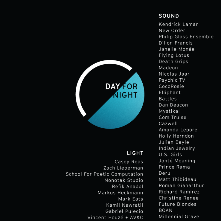 Day for Night 2015 — Day for Night 2015 official lineup poster. Black sheet with the cyan Day for Night circular mark; the SOUND list opens Kendrick Lamar, New Order, Philip Glass Ensemble, Dillon Francis, and the LIGHT list opens Casey Reas and Zach Lieberman. Supplied to the archive by Omar Afra.