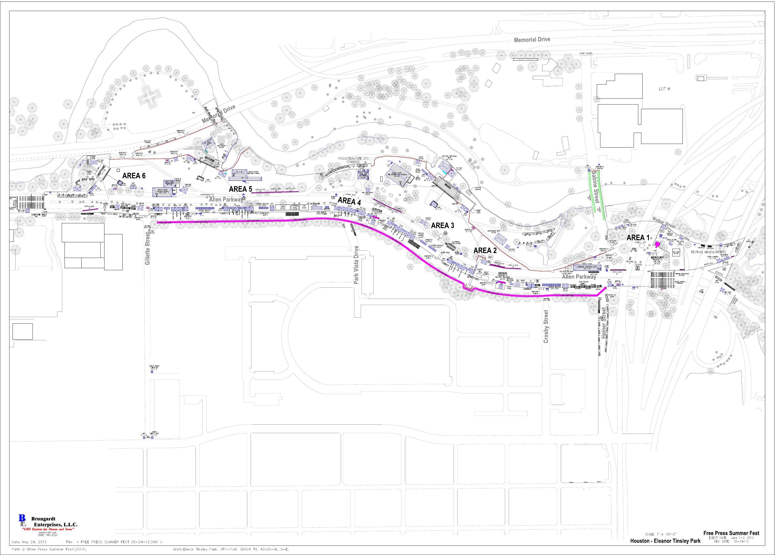 Free Press Summer Fest 2013 — Free Press Summer Fest 2013 final site map · May 24, 2013. Houston — Eleanor Tinsley Park, event date June 1–2, 2013; drawn at 1" = 100' by Brungardt Enterprises, L.L.C.; areas 1–6 with the Saturn, Neptune, Mars, Jupiter, Venus and Mercury stages and festival headquarters.