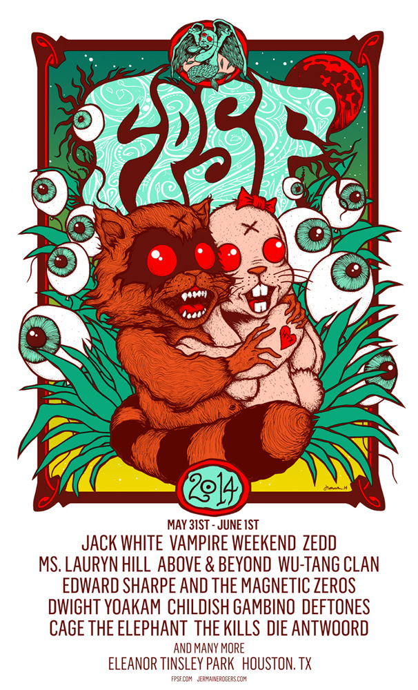 Jermaine Rogers poster for Free Press Summer Fest 2014: a red raccoon-like creature clutching a pale rabbit, ringed by floating eyeballs and teal foliage, above the 2014 lineup.