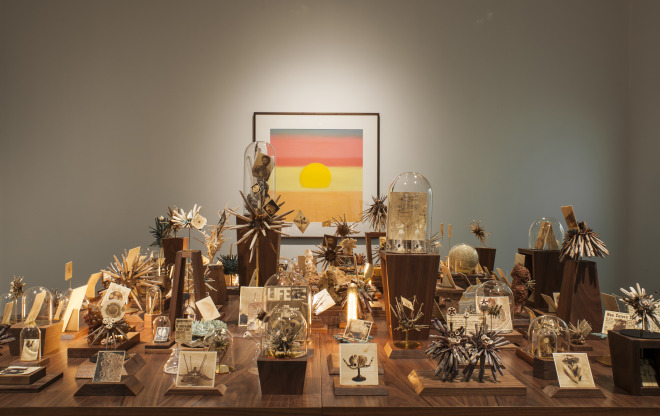 Installation View Things Placed in the Sea and Warhol Sunset Installation view of Dario Robleto: The Boundary of Life is Quietly Crossed with Dario Robleto, Things Placed in the Sea, Become the Sea, 2026–14 (foreground), and Andy Warhol, Sunset, 1972 (background), at the Menil Collection, Houston. Work by Dario Robleto © 2026 Dario Robleto. Work by Andy Warhol © 2026 The Andy Warhol Foundation for the Visual Arts, Inc. / Artists Rights Society (ARS), New York. Photo: Paul Hester