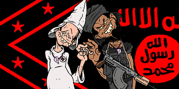 Free Press Houston article illustration pairing Klan and Islamic State imagery, by Shelby Hohl.