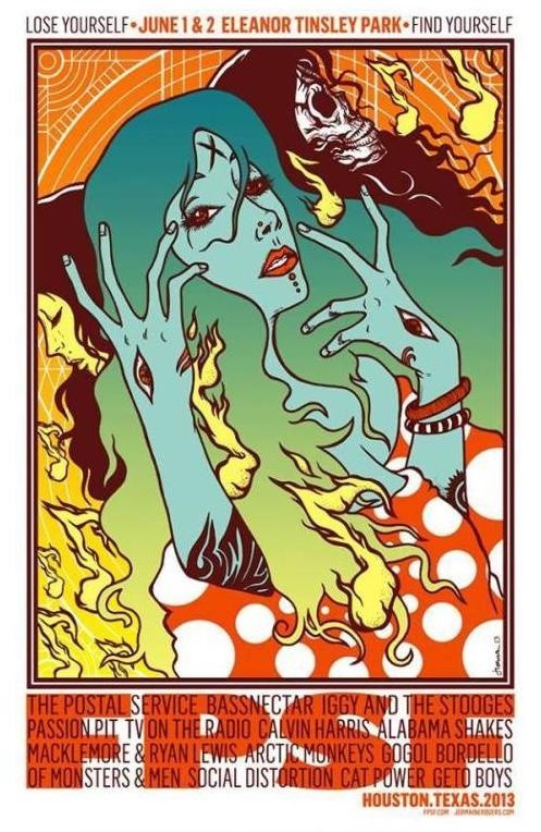 Jermaine Rogers poster for Free Press Summer Fest 2013: a green-skinned woman with flame-coloured hair and eyes set into her hands, above the 2013 lineup in orange lettering.