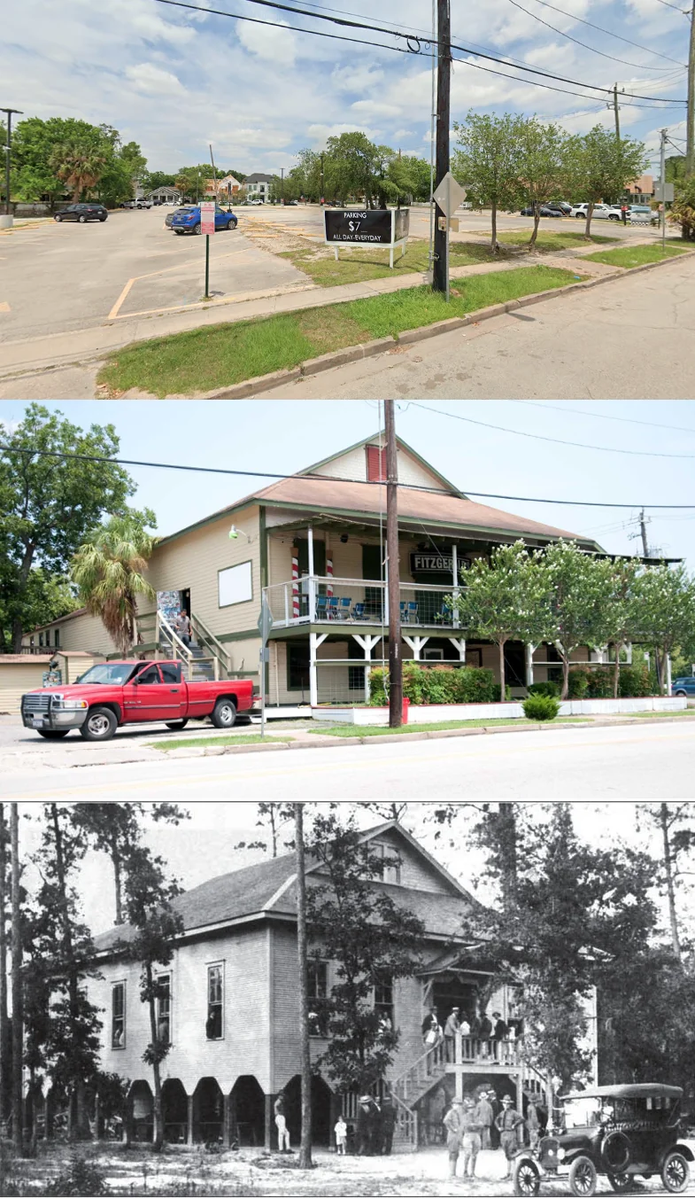 Three views of the Fitzgerald’s building, including the site, its White Oak Drive exterior, and an early historical view.