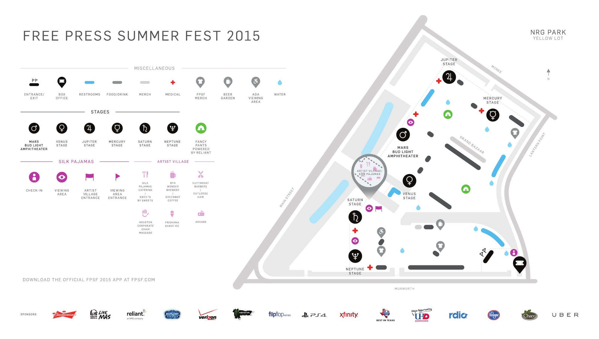 Free Press Summer Fest 2015 — Free Press Summer Fest 2015 — NRG Park Yellow Lot site map, most-updated version circulated June 4, 2015 after the flood relocation.