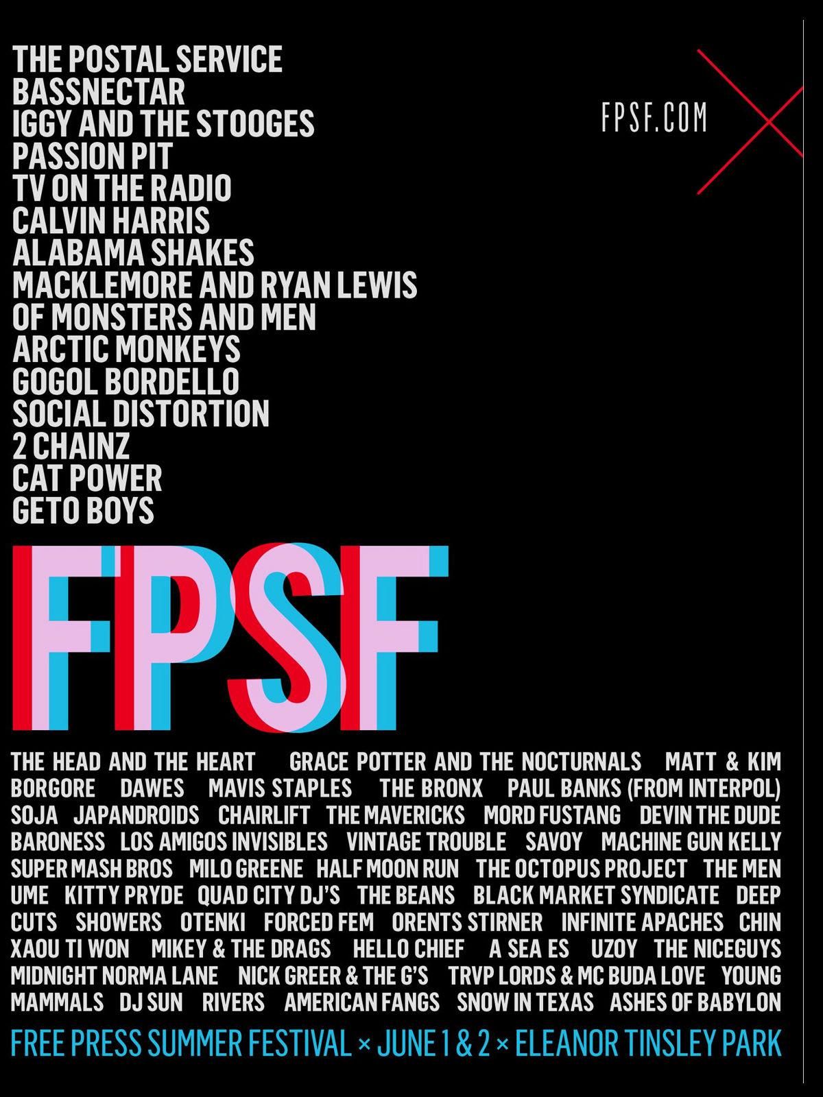 Free Press Summer Fest 2013 — Free Press Summer Fest 2013 lineup poster. Printed copy reads FREE PRESS SUMMER FESTIVAL × JUNE 1 & 2 × ELEANOR TINSLEY PARK, with The Postal Service, Bassnectar, Iggy and The Stooges, Passion Pit, TV on the Radio and Calvin Harris at the head of the list.