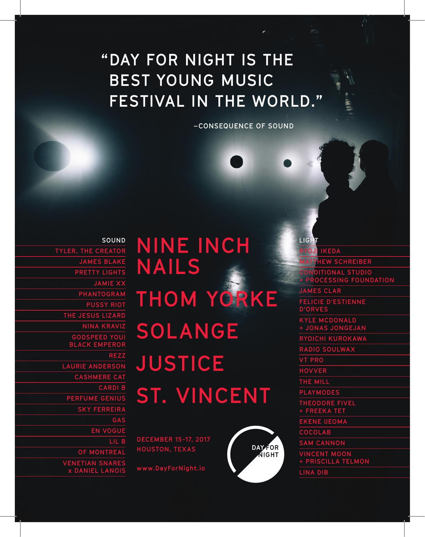 Day for Night 2017 — Relix full-page advertisement for Day for Night 2017, printing December 15–17, 2017, Houston, Texas, the SOUND and LIGHT lineups and www.DayForNight.io. Recovered from Free Press Houston correspondence dated October 18, 2017.