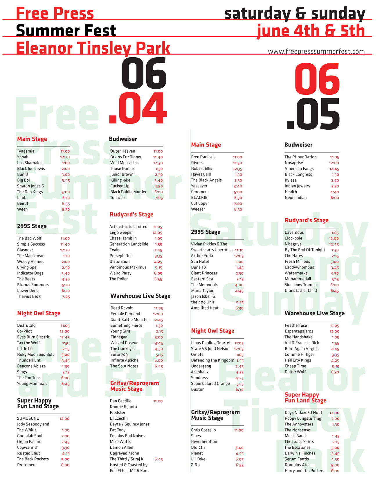 Free Press Summer Fest 2011 — 2011 stage guide, published on the festival lineup page alongside a PDF.