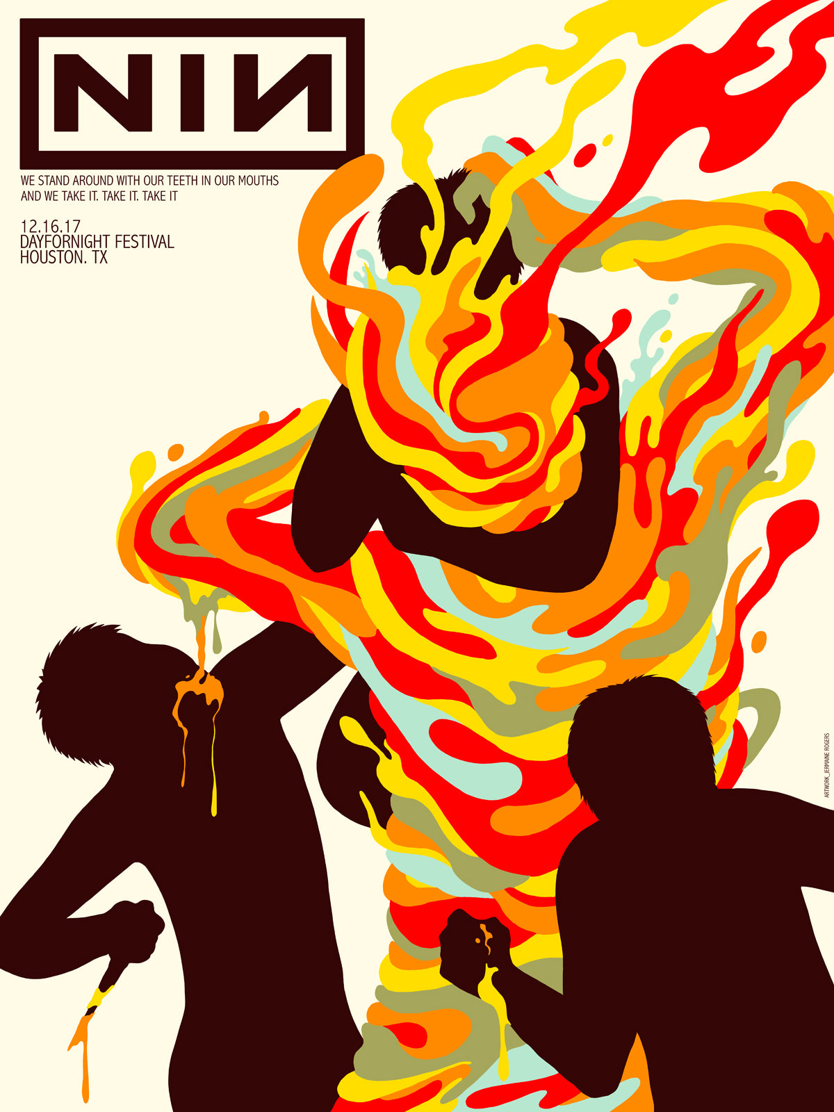 Jermaine Rogers poster for Nine Inch Nails at Day for Night, Houston, 16 December 2017: dark silhouetted figures around a churning column of red, orange and yellow liquid colour, with the NIN logo at upper left.