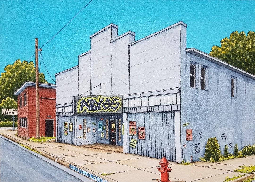 Ink-and-watercolor rendering of The Abyss at 5912 Washington Avenue, the venue's graffiti-style sign over doors papered with show flyers.