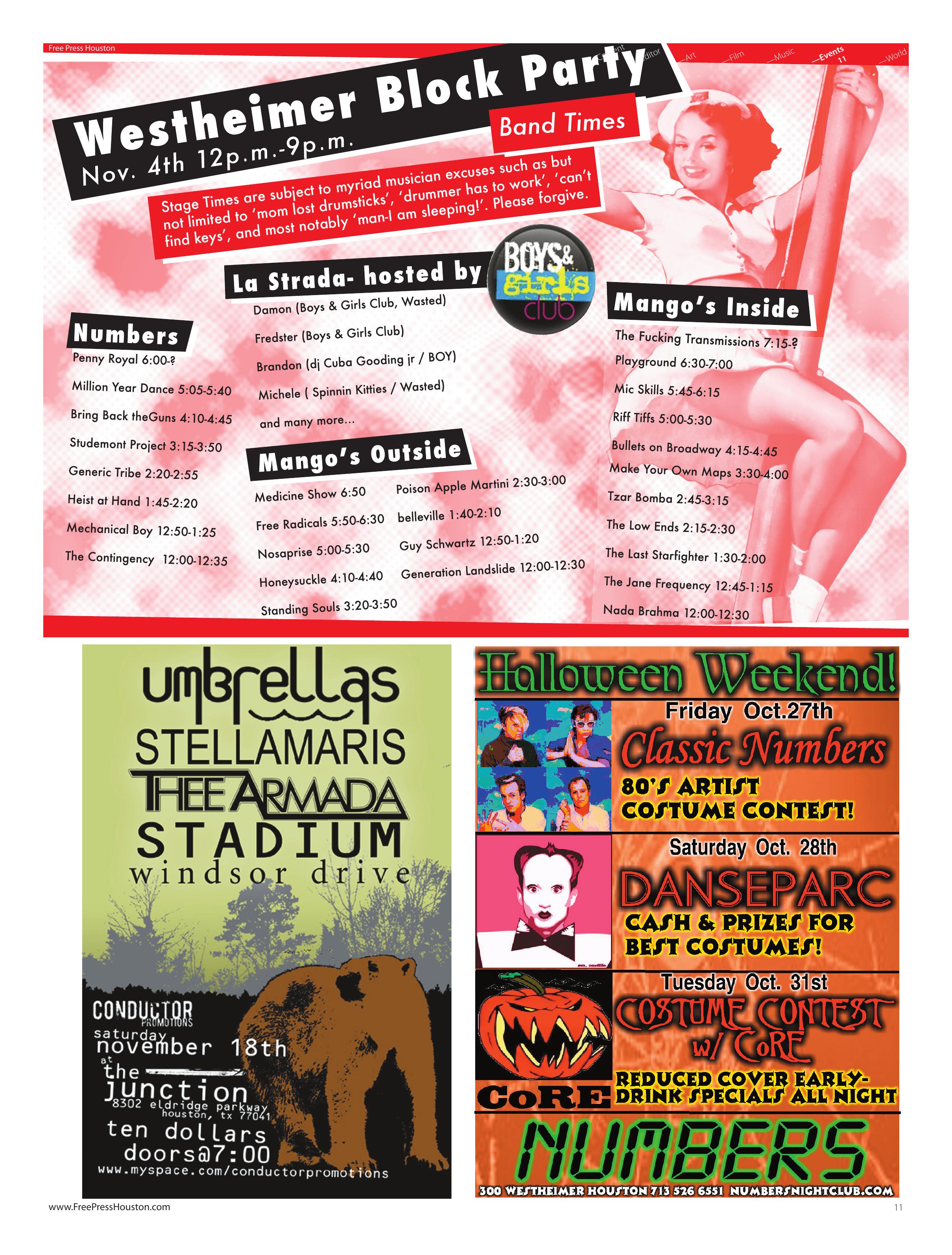 Westheimer Block Party, fall 2006 — Band schedule, printed page 11 of Free Press Houston Issue 72, November 2006, with set times at Numbers and inside and outside Mango’s, plus the Boys & Girls Club DJs at La Strada.