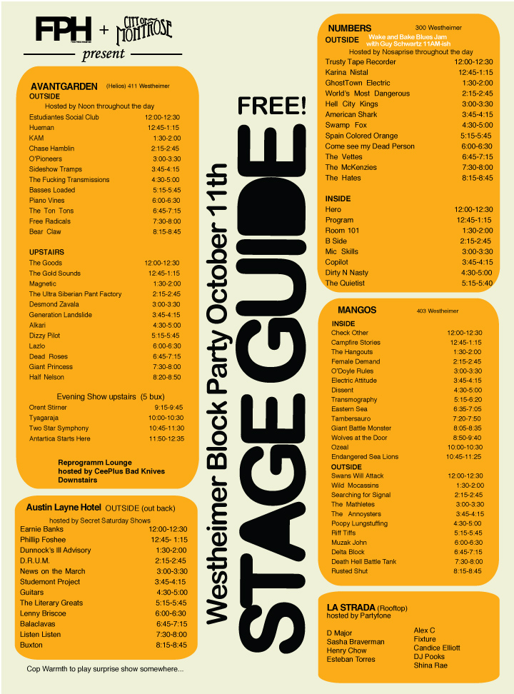 Westheimer Block Party, fall 2008 — Stage guide printed for the October 11, 2008 edition.