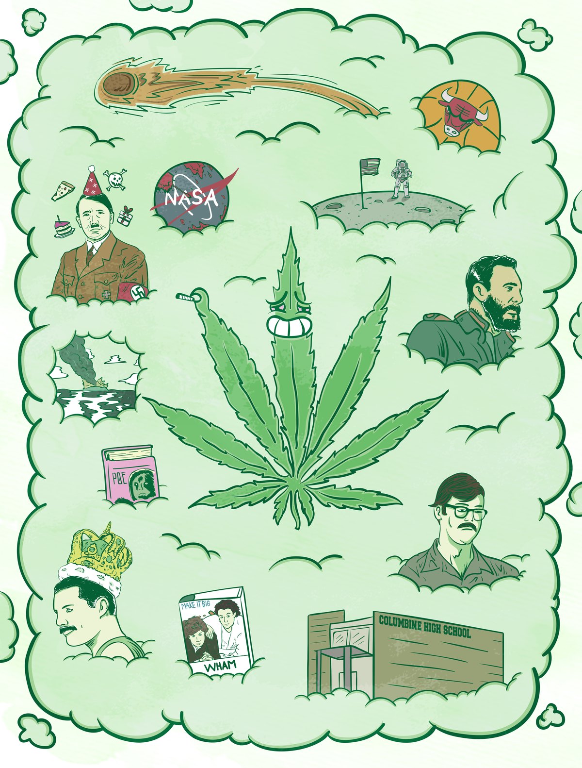 Cover artwork: a cloud of green smoke holding drawn vignettes around a central cannabis leaf.