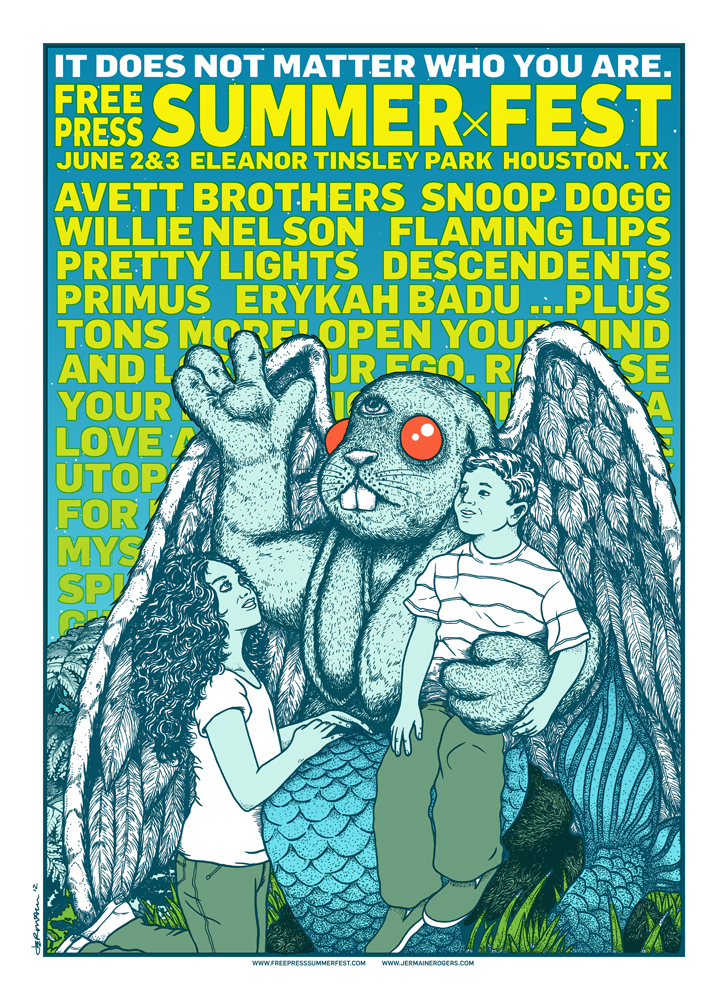 Jermaine Rogers poster for Free Press Summer Fest 2012: a winged blue rabbit with red eyes standing behind two children, over yellow lettering reading It does not matter who you are and the 2012 lineup.