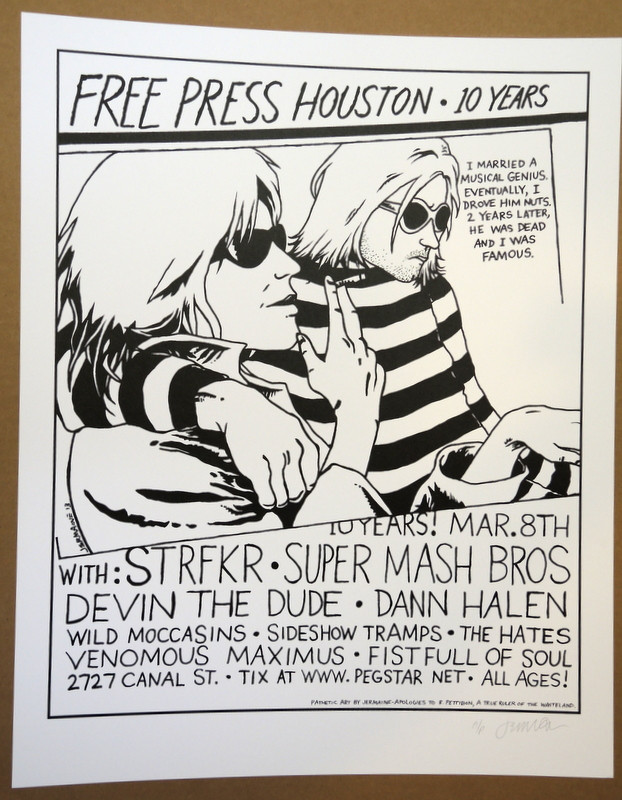 Black-and-white Jermaine Rogers poster for the Free Press Houston tenth-anniversary show, 8 March at 2727 Canal Street, drawn in comic-panel style with two figures and hand-lettered billing.