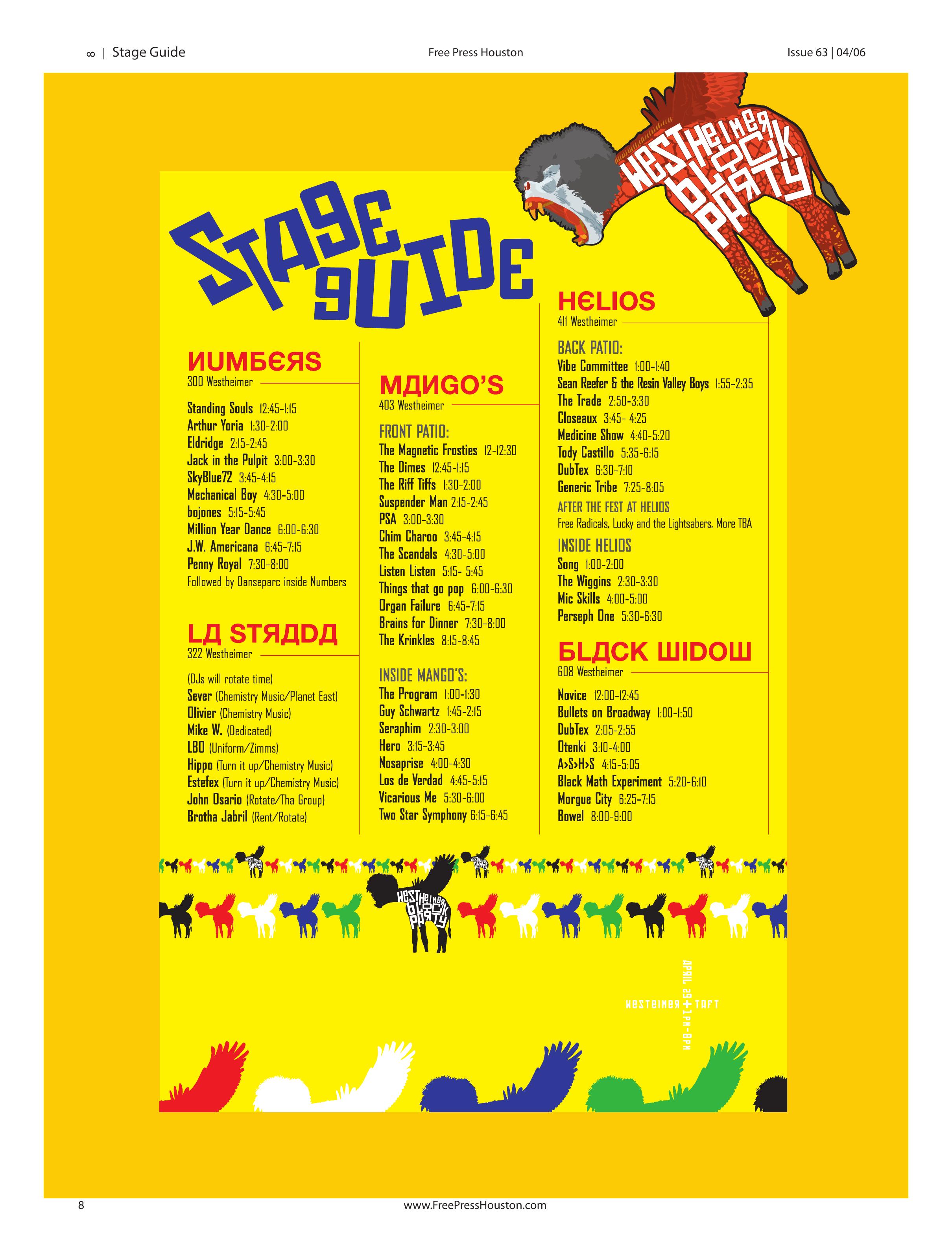 Westheimer Block Party, spring 2006 — Planned stage guide, printed page 8 of Free Press Houston Issue 63, April 2006. The listed April 29 event was rained out; this page does not establish that the program was performed on the announced May 27 rain date.