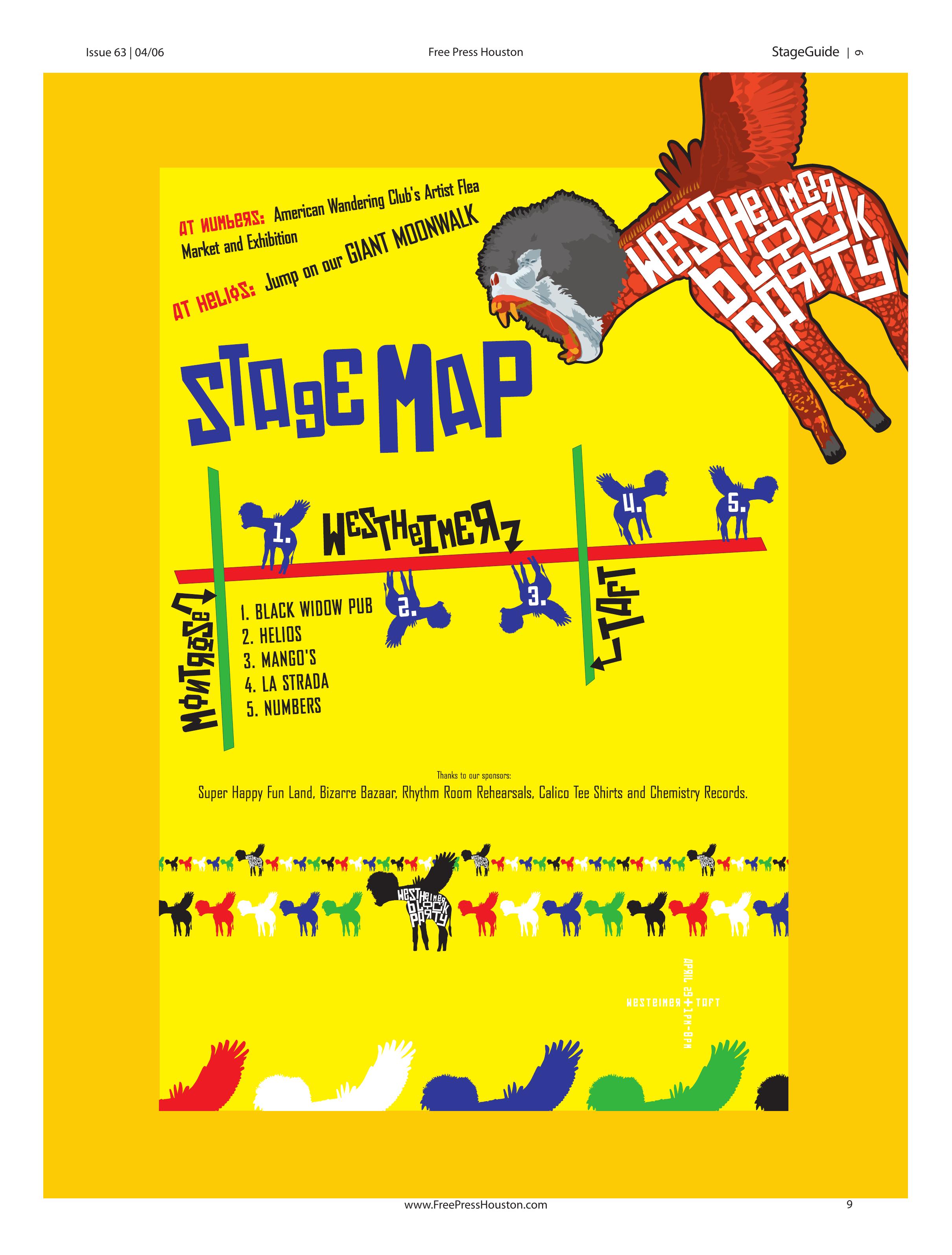 Westheimer Block Party, spring 2006 — Map and sponsors, printed page 9 of Free Press Houston Issue 63, April 2006, numbering Black Widow Pub, Helios, Mango’s, La Strada and Numbers along Westheimer between Yoakum and Taft.