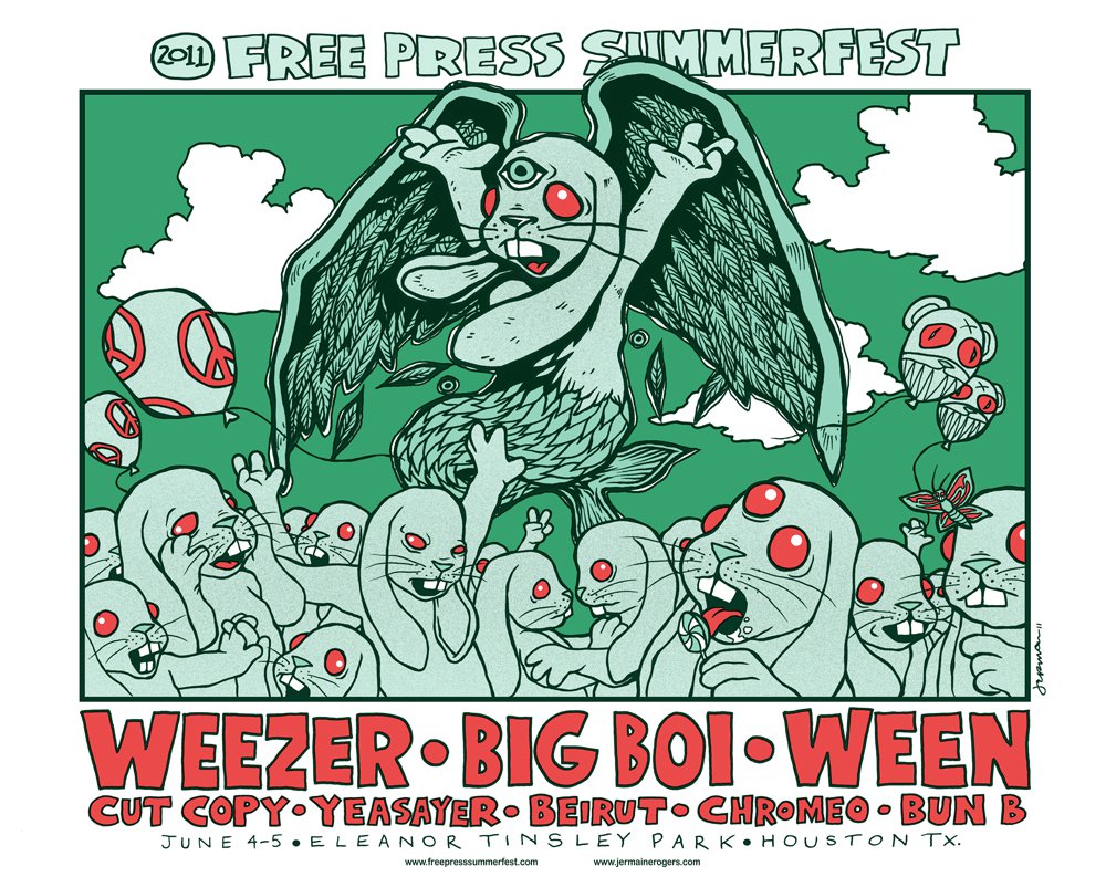 Jermaine Rogers poster for Free Press Summer Fest 2011: a winged green rabbit with red eyes rising above a crowd of rabbits and peace-sign balloons, over red lettering reading Weezer, Big Boi and Ween.