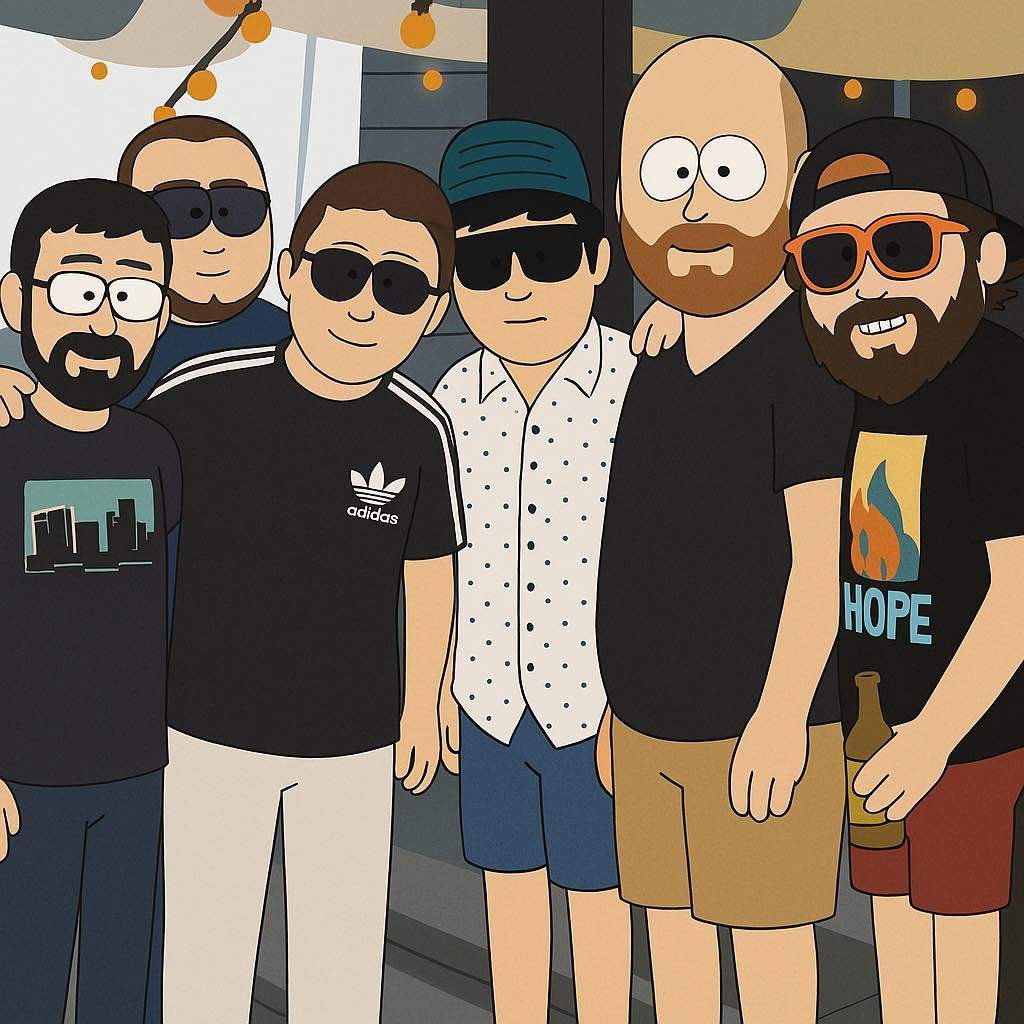 Cartoon illustration of the six members of Journey Agents standing together outdoors.