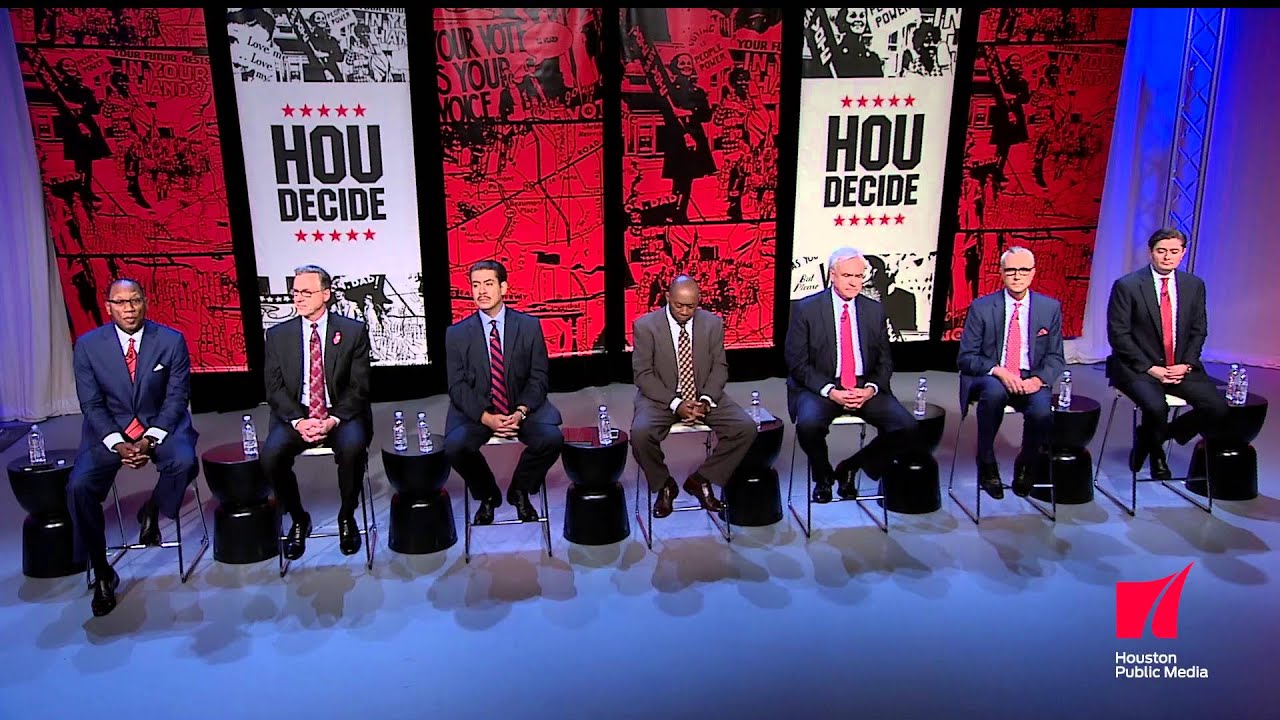 Six mayoral candidates on the HOU Decide debate stage, Houston Public Media broadcast, October 17, 2015