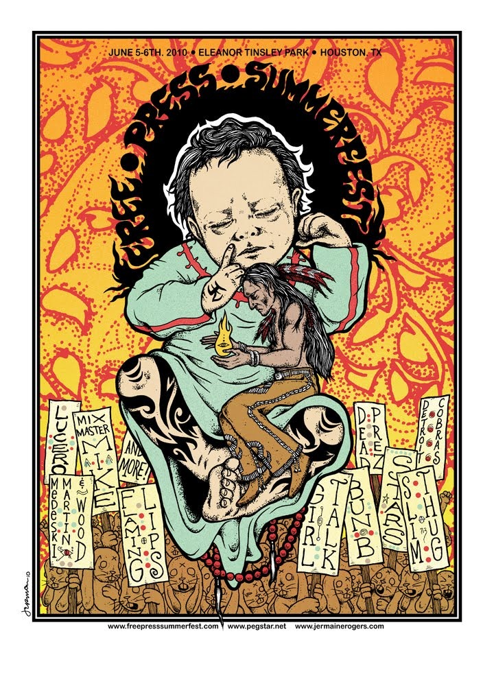 Jermaine Rogers poster for Free Press Summer Fest 2010: a giant infant seated against an orange sunburst, cradling a small figure holding a flame, above hand-lettered placards naming Lucero, Mix Master Mike, The Flaming Lips, Medeski Martin & Wood, Dead Prez, Detroit Cobras, Girl Talk, Bun B, Slim Thug and Stars.