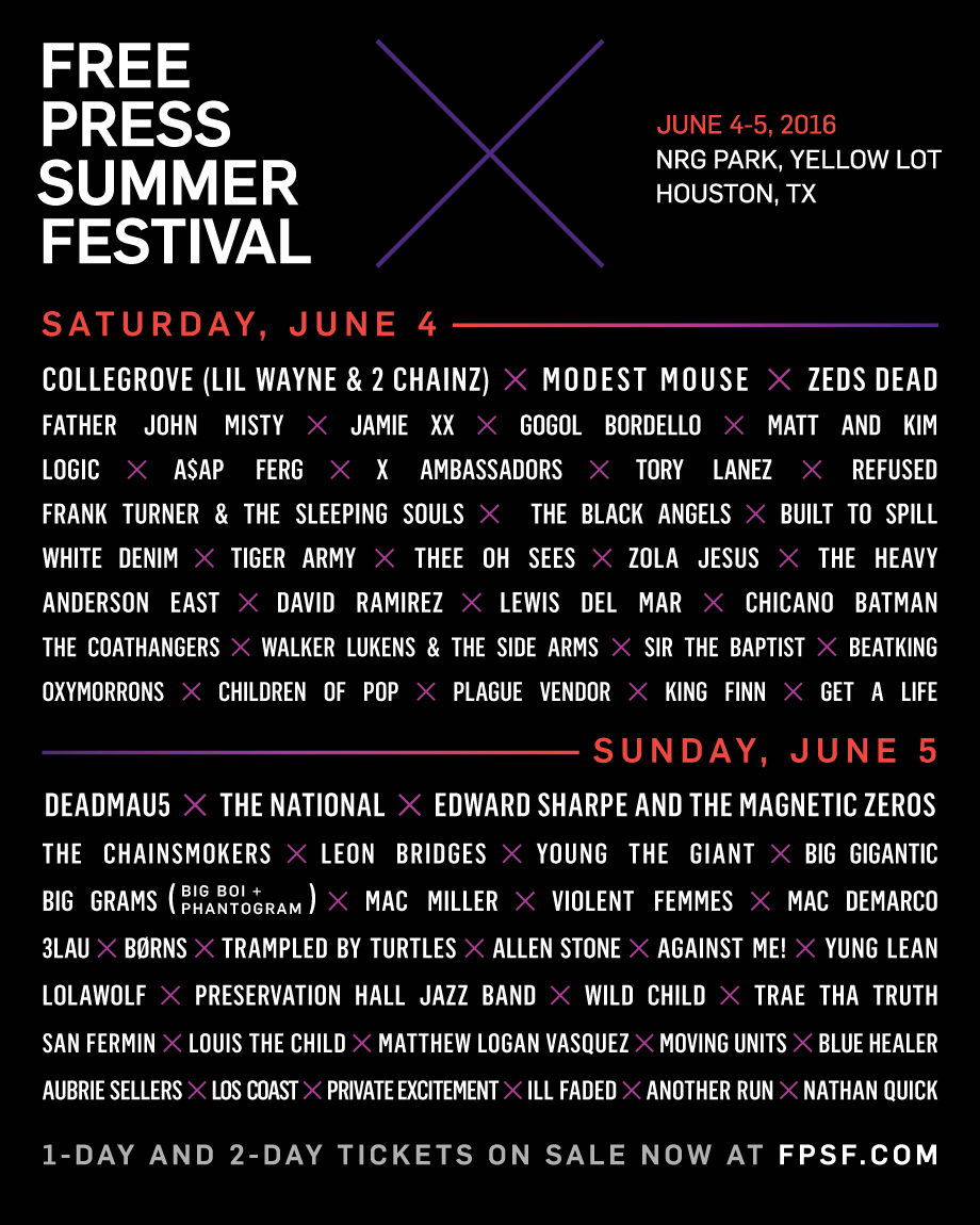 Free Press Summer Festival 2016 — Free Press Summer Festival 2016 lineup artwork reissued after the move to NRG Park, printed with the NRG Park, Yellow Lot line.