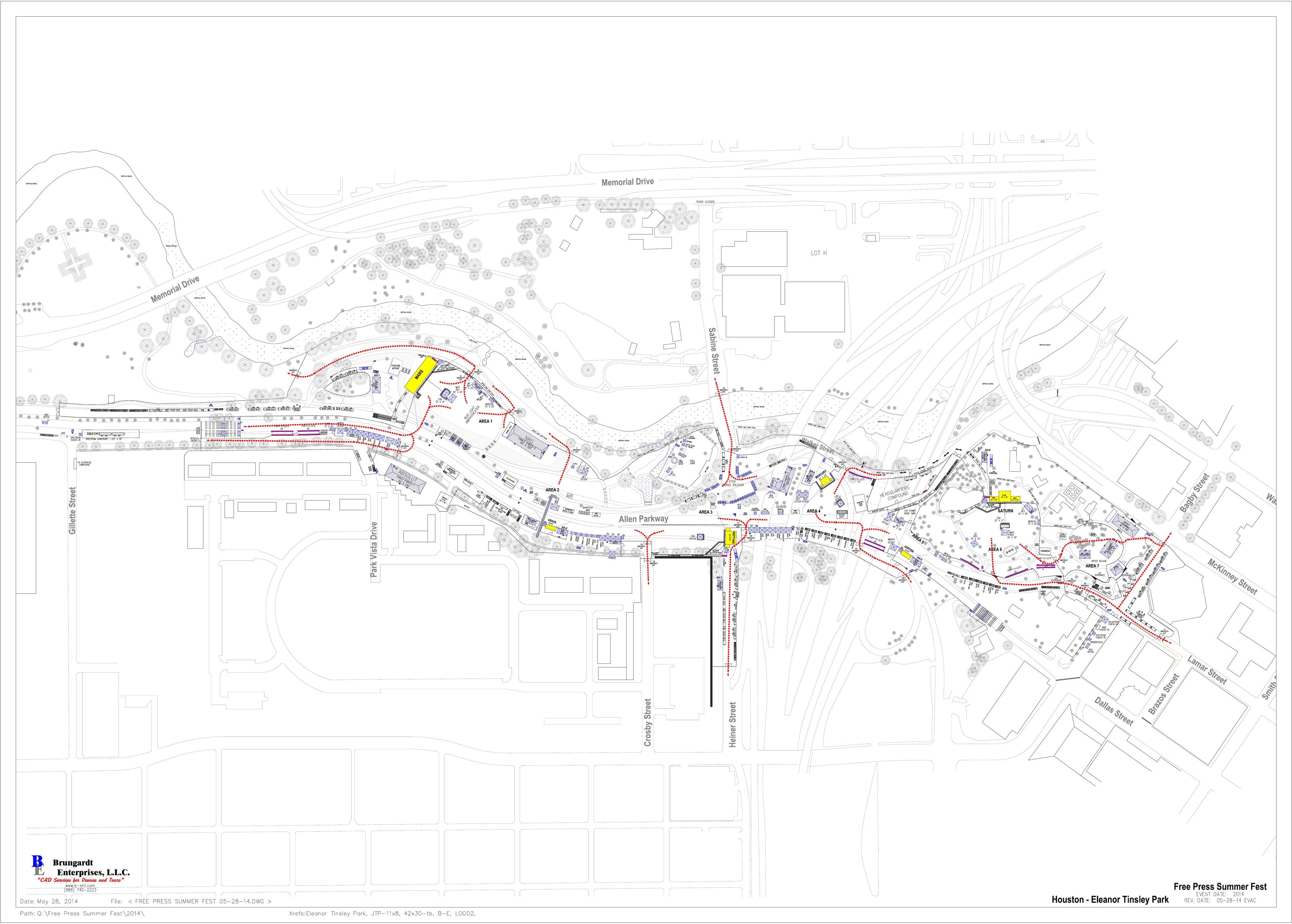 Free Press Summer Fest 2014 — Free Press Summer Fest 2014 emergency evacuation map · revision date 05-28-14. Houston — Eleanor Tinsley Park, event date 2014; drawn by Brungardt Enterprises, L.L.C. Two-sheet packet; the second sheet repeats the plan over a lettered and numbered locator grid.
