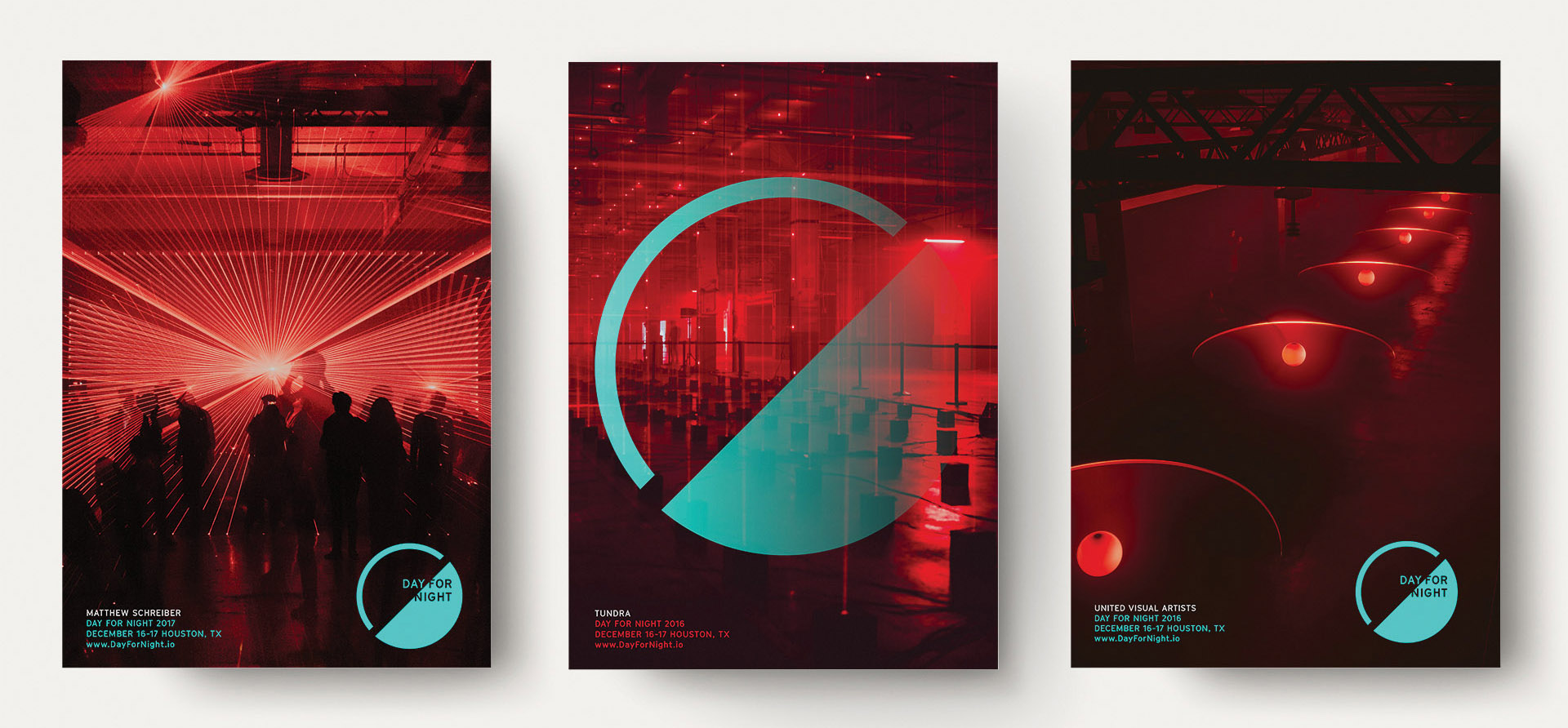 Day for Night branding posters arranged as a red, cyan, white and black field.