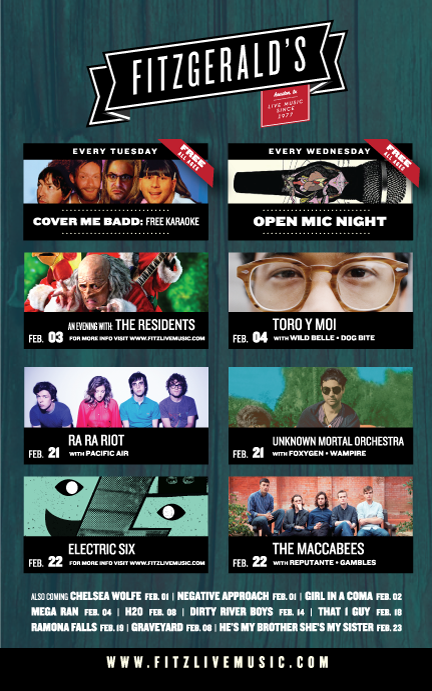 Fitzgerald’s February 2013 monthly concert flyer.