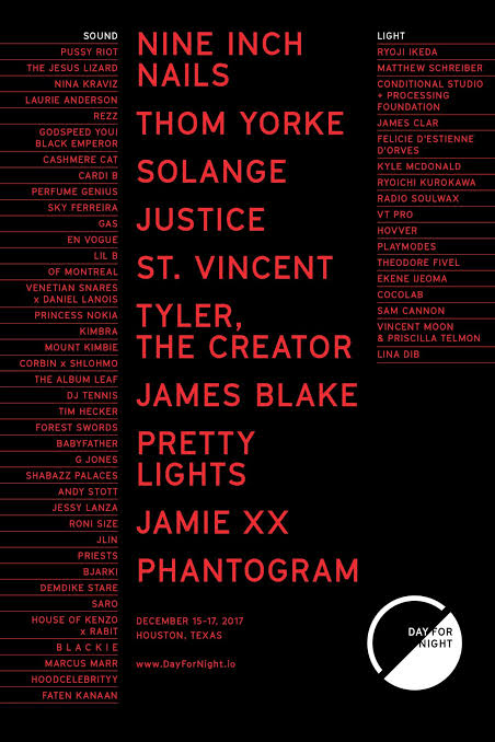Day for Night 2017 — Day for Night 2017 official lineup poster. Black vertical sheet set in red and white type with the split circular Day for Night mark, reading December 15–17, 2017, Houston, Texas and www.DayforNight.io; the SOUND list is headed Nine Inch Nails, Thom Yorke, Solange, Justice, St. Vincent, Tyler, the Creator, James Blake, Pretty Lights, Jamie xx and Phantogram, and the LIGHT list opens Ryoji Ikeda, Matthew Schreiber, Conditional Studio + Processing Foundation and James Clar. Supplied to the archive by Omar Afra.
