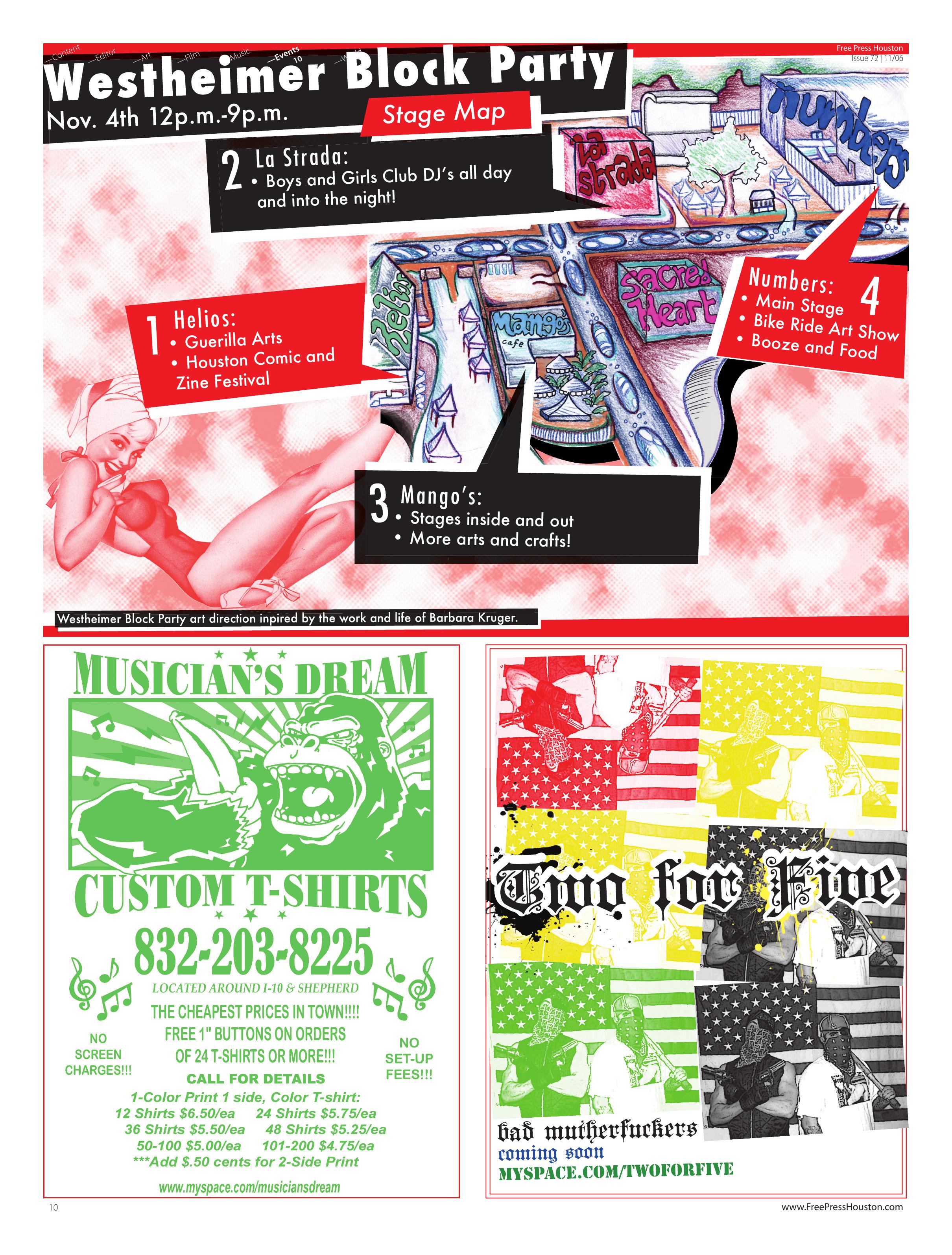 Westheimer Block Party, fall 2006 — Stage map, printed page 10 of Free Press Houston Issue 72, November 2006, numbering Helios, La Strada, Mango’s and Numbers. Sacred Heart appears on the drawing but is not a numbered programmed stage.