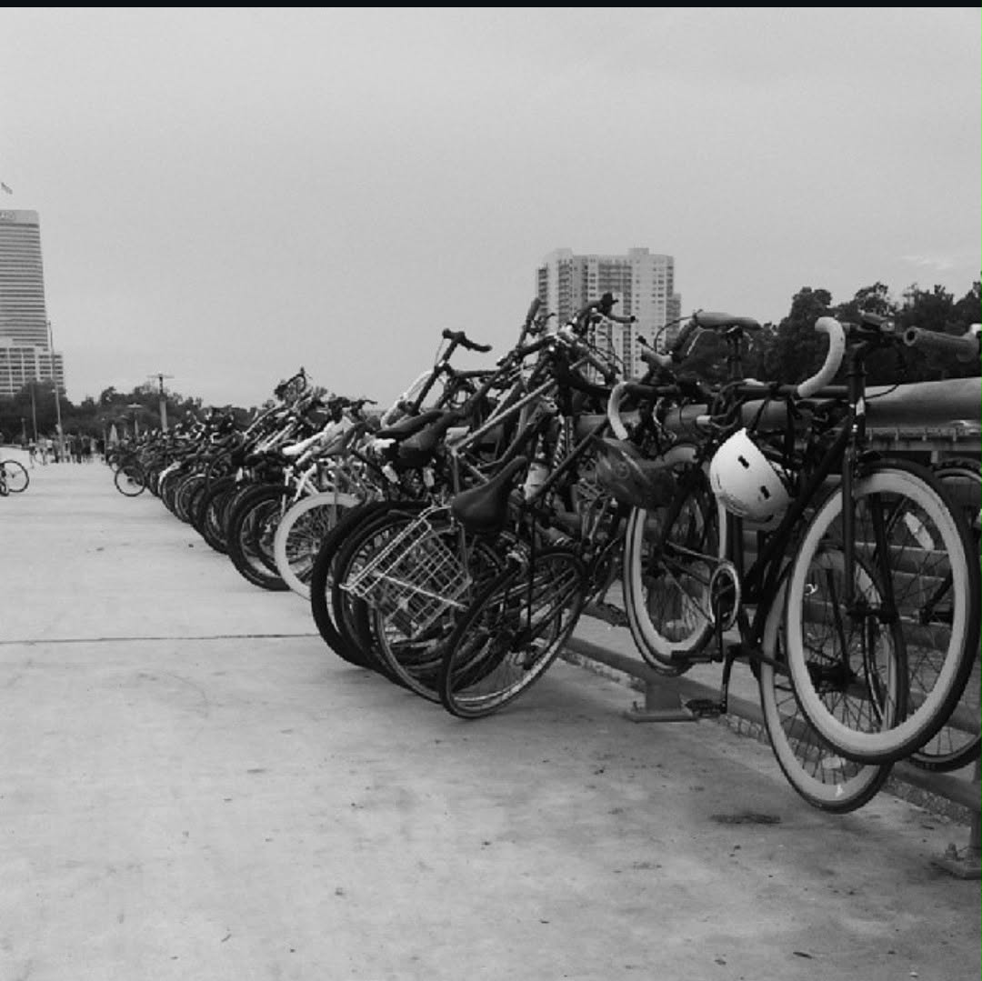 Black and white photograph of a long row of bicycles racked along a concrete walkway, with Houston towers and trees behind.