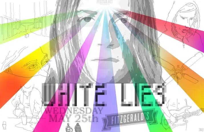 Poster for White Lies at Fitzgerald’s, a face crossed by rainbow beams over line drawings.