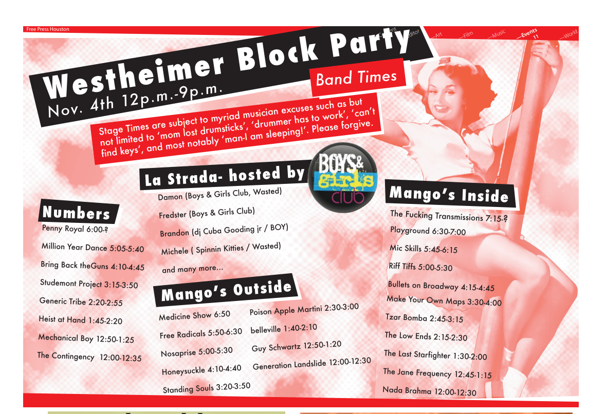 Westheimer Block Party, fall 2006 — Band Times artwork for the November 4, 2006 Westheimer Block Party, printing the schedule for Numbers, La Strada and the inside and outside Mango’s stages.