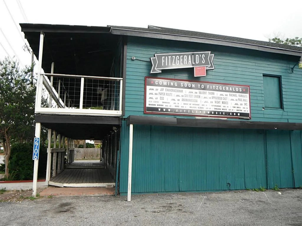 Exterior of Fitzgerald’s at 2706 White Oak Drive, with the venue’s show marquee above the front entrance.