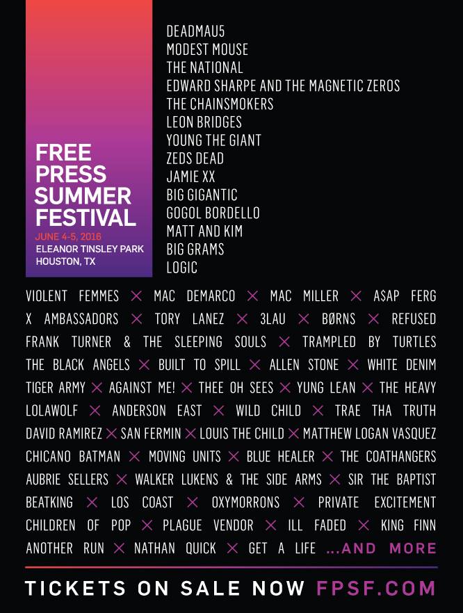 Free Press Summer Festival 2016 — Free Press Summer Festival 2016 lineup poster as first published. The printed sheet reads JUNE 4–5, 2016 · ELEANOR TINSLEY PARK · HOUSTON, TX: it is the pre-relocation artifact, issued before the June flooding moved the festival to NRG Park.