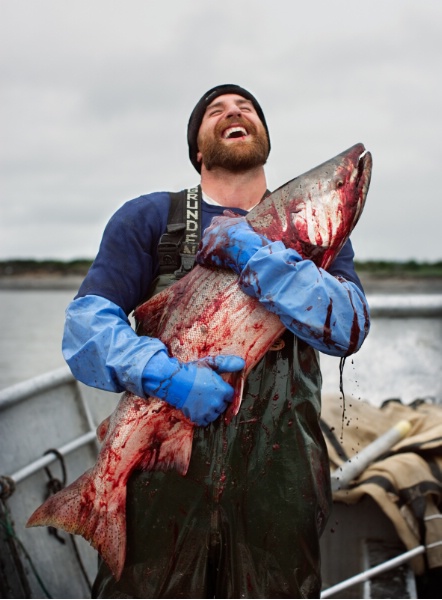 Corey Arnold (Portland, OR) Ben and King, 2026 40 x 30 inches Chromira C-Print From the series Fish Work Courtesy of the artist and Charles A. Hartman Fine Art