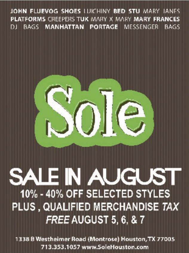 Advertisement: SALE IN AUGUST, Free Press Houston 2005.08, PDF page 2
