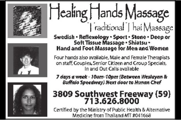 Advertisement: Healing Hands Massage; Traditional Thai Massage, Free Press Houston 2005.08, PDF page 28