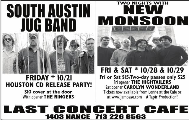 Advertisement: SOUTH AUSTIN JUG BAND / TWO NIGHTS WITH NEW MONSOON, Free Press Houston 2005.10b, PDF page 5