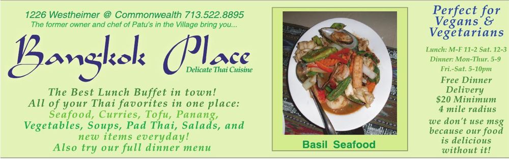 Advertisement: Delicate Thai Cuisine / The Best Lunch Buffet in town!, Free Press Houston 2005.10b, PDF page 7