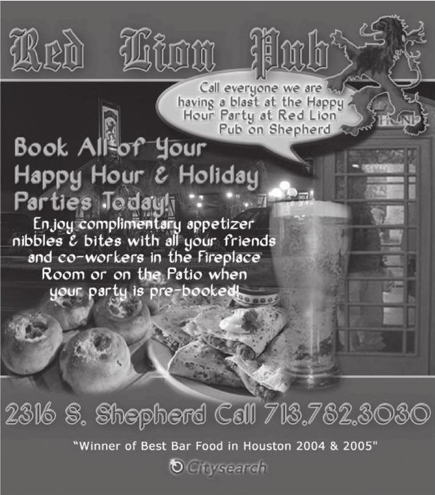 Advertisement: Book All of Your Happy Hour & Holiday Parties Today!, Free Press Houston 2006.02, PDF page 5