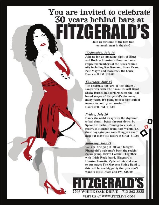 Advertisement: You are invited to celebrate 30 years behind bars at FITZGERALD’S, Free Press Houston 2007.07, PDF page 17