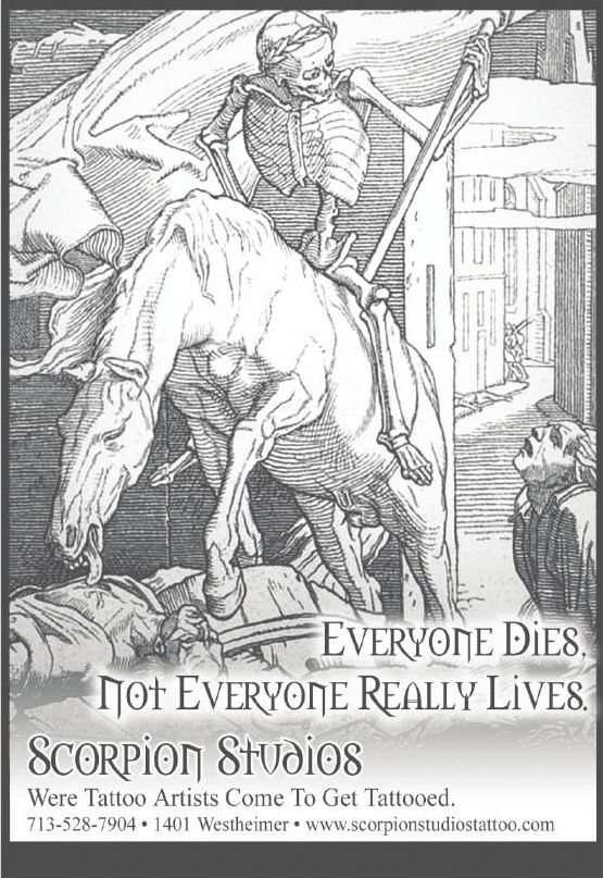 Advertisement: Everyone Dies, Not Everyone Really Lives. / Were Tattoo Artists Come To Get Tattooed., Free Press Houston 2007.07, PDF page 23