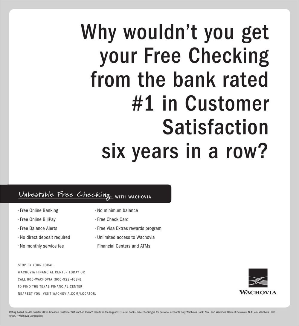 Advertisement: Unbeatable Free Checking WITH WACHOVIA, Free Press Houston 2007.07, PDF page 5