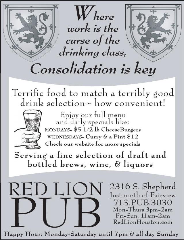 Advertisement: Where work is the curse of the drinking class, Consolidation is key, Free Press Houston 2008.01, PDF page 7