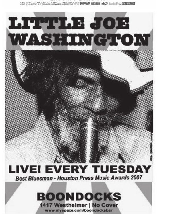 Advertisement: Little Joe Washington — live every Tuesday at Boondocks, Free Press Houston 2008.03, PDF page 15