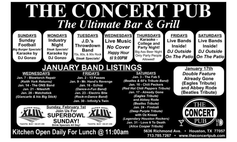 Advertisement: The Concert Pub: The Ultimate Bar & Grill — January band listings, Free Press Houston 2009.01, PDF page 13